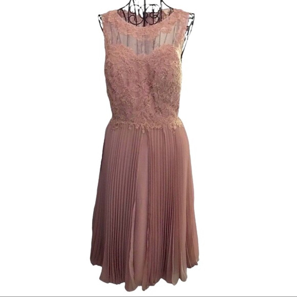 JJs House Dusty Rose Lace Bodice Pleated Midi Dress